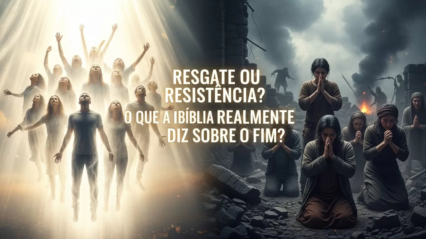 Representação artística dividida entre o arrebatamento secreto (pré-tribulacionismo) e a perseverança dos santos na tribulação (pós-tribulacionismo).