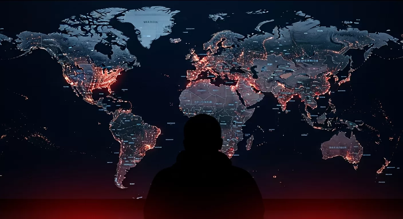 A digital composite image: a "war room" style map of the world on a dark, glowing screen. Multiple points on the map are lit up in red, indicating conflicts. In front of the map, show the silhouette of a person watching, looking overwhelmed, emphasizing the global scale and anxiety of modern hybrid warfare.
